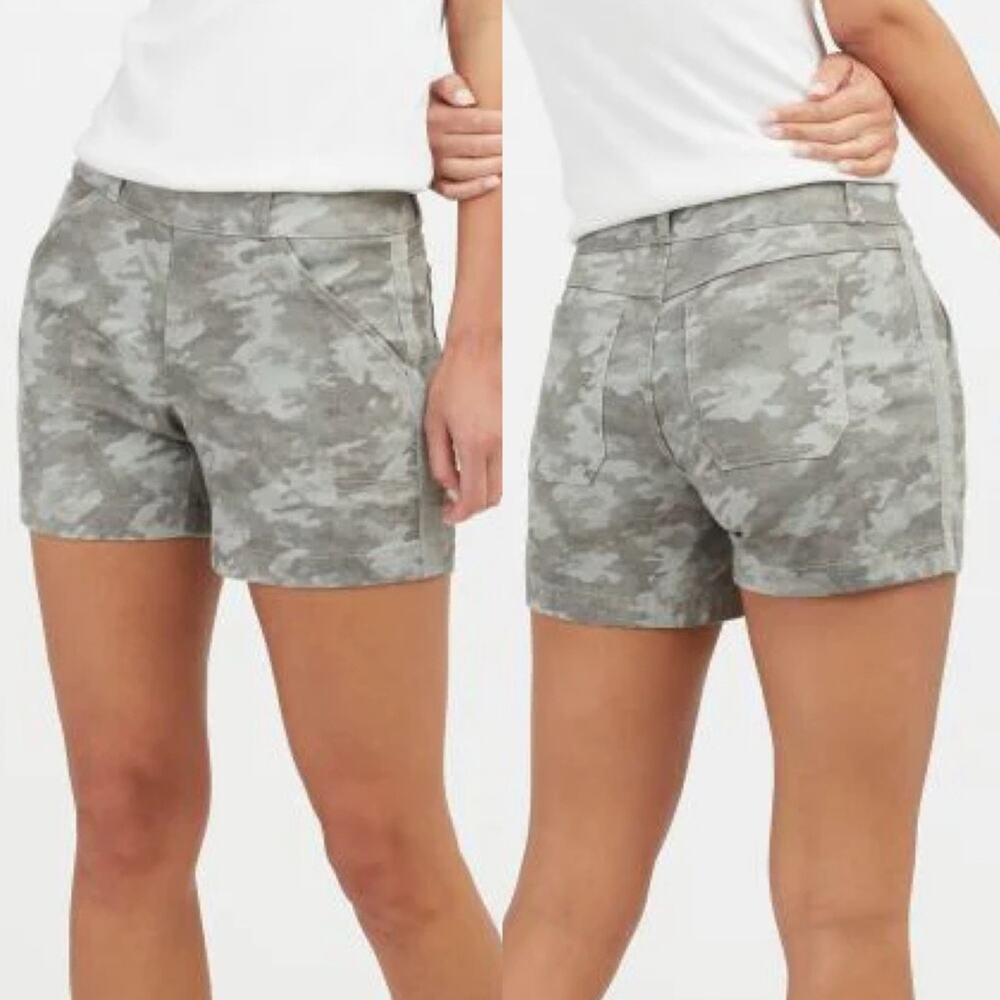 Spanx 4" Stretch Twill Shorts Stone Wash Camo Green Sz XS Slimming Dressy Beachy